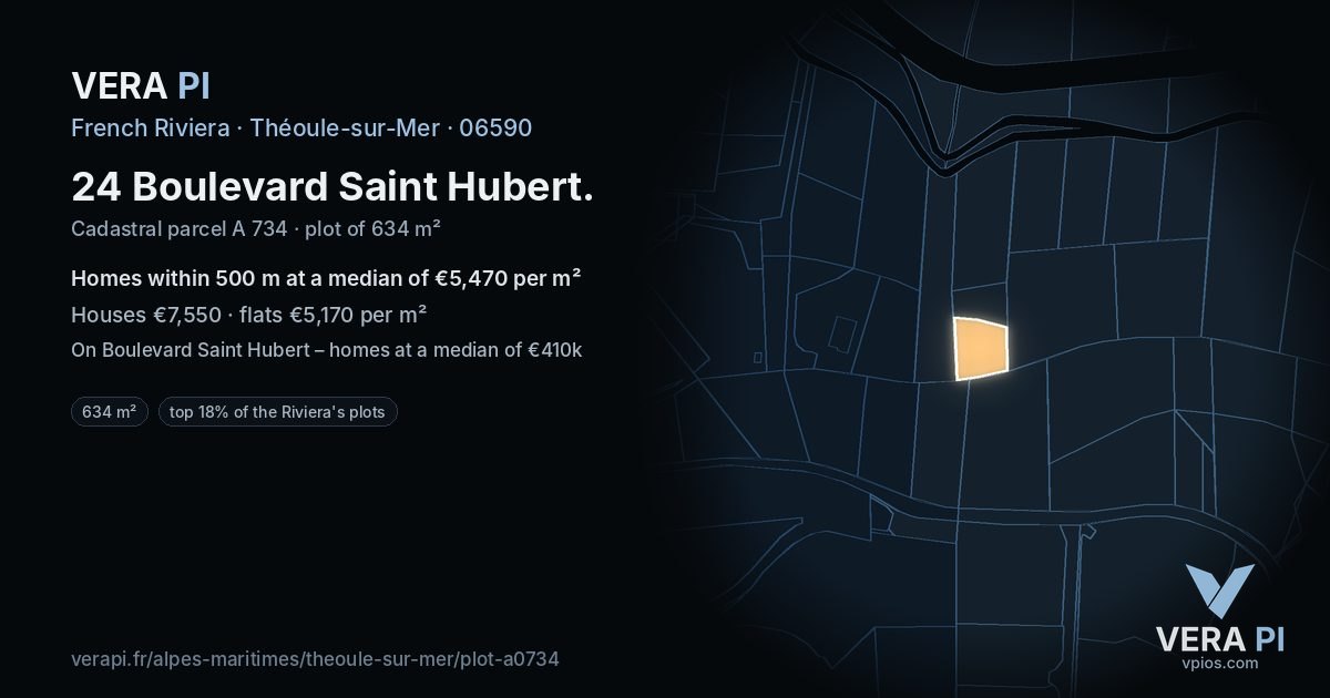 24 Boulevard Saint Hubert, Théoule-sur-Mer at night – the plot lit, the parcels around coloured by the prices near them