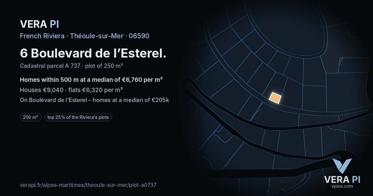6 Boulevard de l’Esterel, Théoule-sur-Mer at night – the plot lit, the parcels around coloured by the prices near them