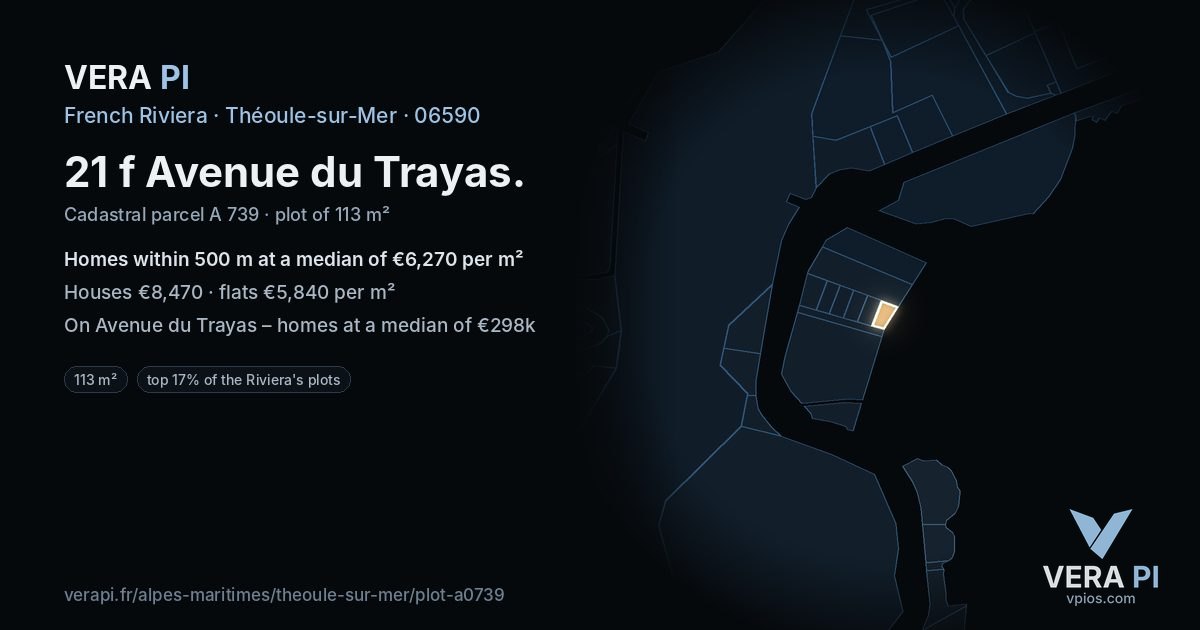 21 f Avenue du Trayas, Théoule-sur-Mer at night – the plot lit, the parcels around coloured by the prices near them