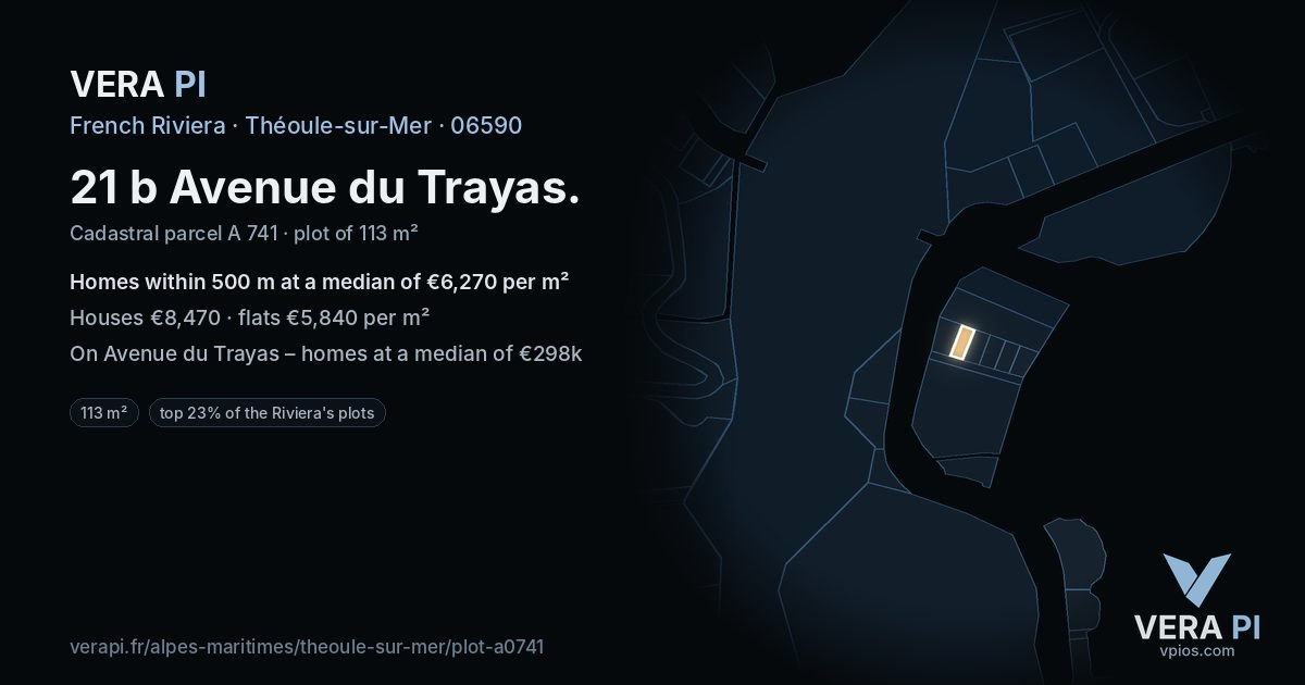 21 b Avenue du Trayas, Théoule-sur-Mer at night – the plot lit, the parcels around coloured by the prices near them