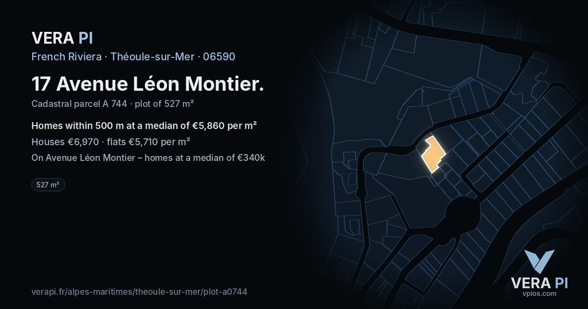17 Avenue Léon Montier, Théoule-sur-Mer at night – the plot lit, the parcels around coloured by the prices near them