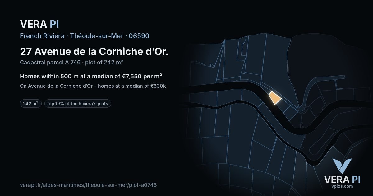 27 Avenue de la Corniche d’Or, Théoule-sur-Mer at night – the plot lit, the parcels around coloured by the prices near them