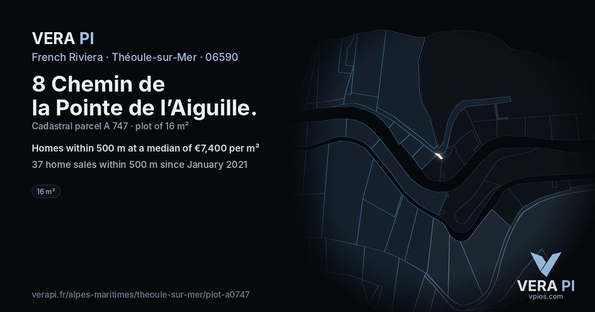 8 Chemin de la Pointe de l’Aiguille, Théoule-sur-Mer at night – the plot lit, the parcels around coloured by the prices near them