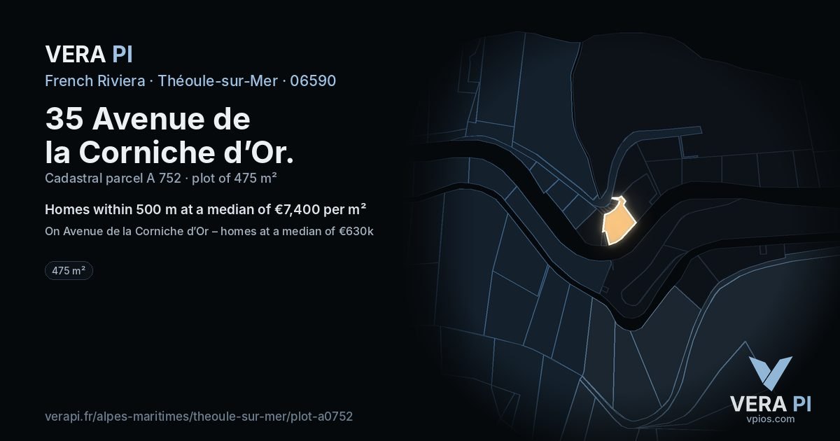 35 Avenue de la Corniche d’Or, Théoule-sur-Mer at night – the plot lit, the parcels around coloured by the prices near them