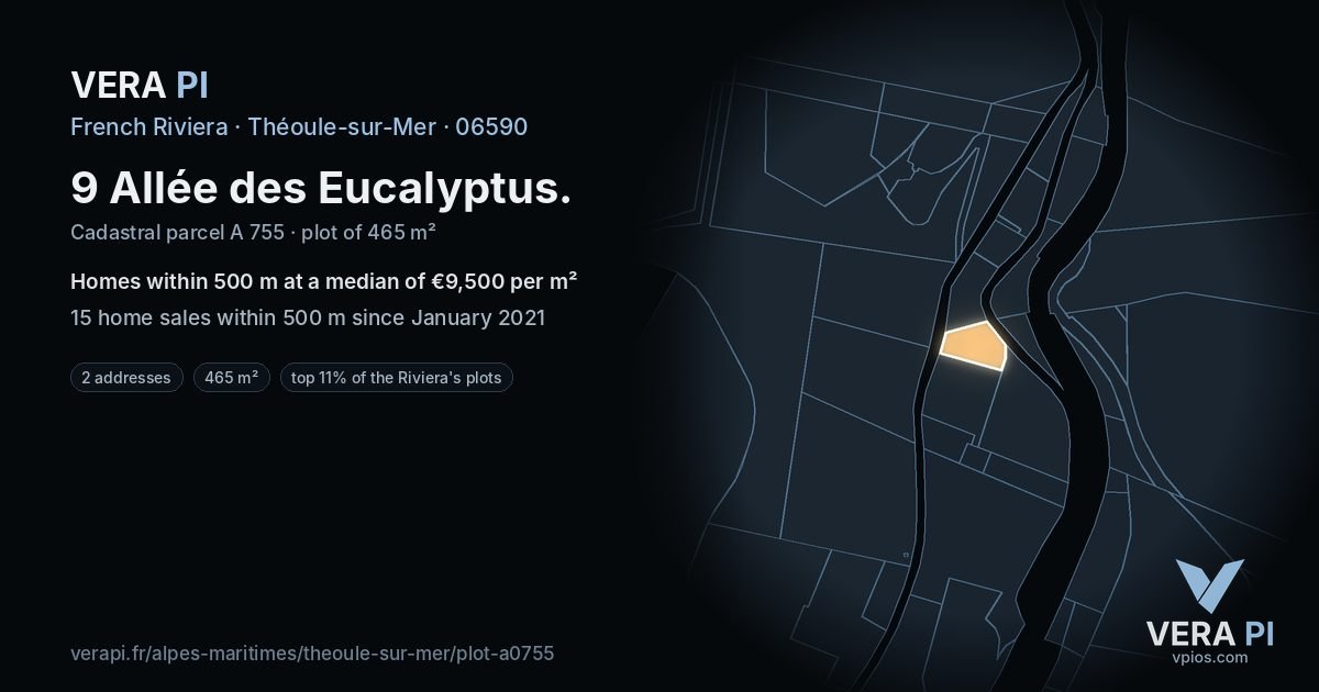 9 Allée des Eucalyptus, Théoule-sur-Mer at night – the plot lit, the parcels around coloured by the prices near them