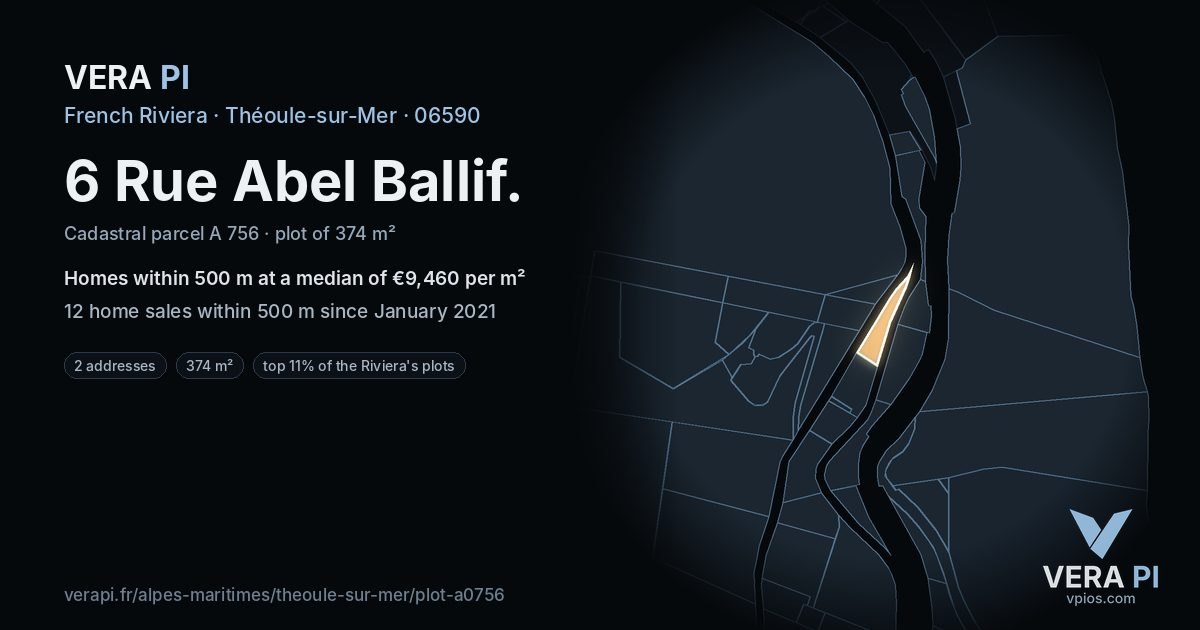 6 Rue Abel Ballif, Théoule-sur-Mer at night – the plot lit, the parcels around coloured by the prices near them