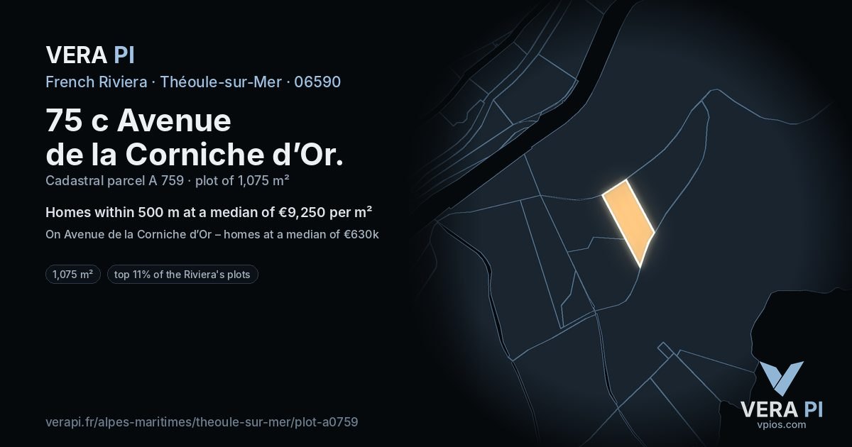 75 c Avenue de la Corniche d’Or, Théoule-sur-Mer at night – the plot lit, the parcels around coloured by the prices near them