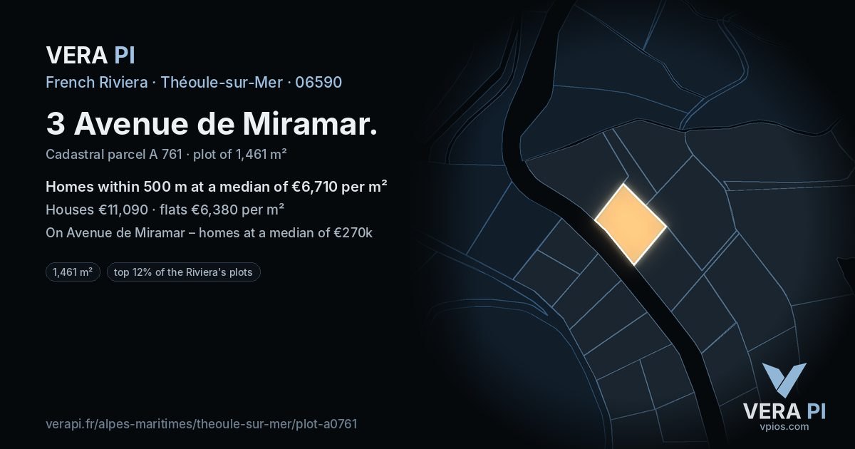 3 Avenue de Miramar, Théoule-sur-Mer at night – the plot lit, the parcels around coloured by the prices near them