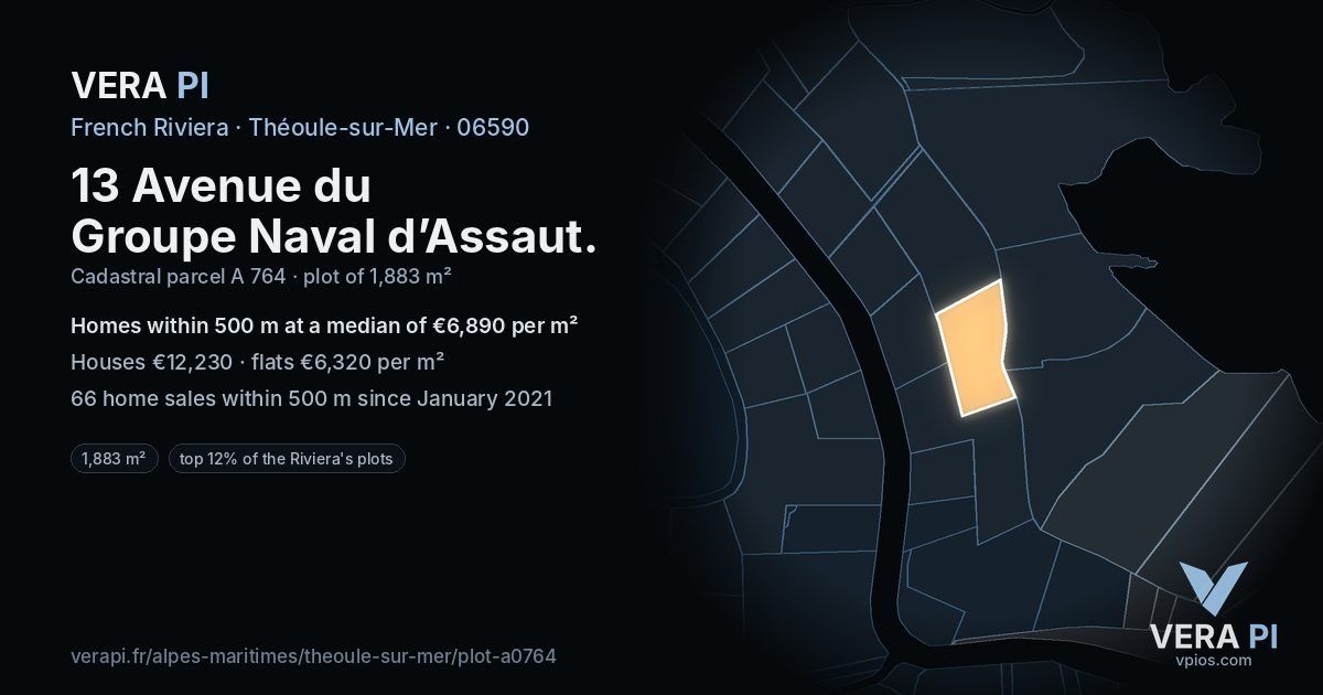 13 Avenue du Groupe Naval d’Assaut, Théoule-sur-Mer at night – the plot lit, the parcels around coloured by the prices near them