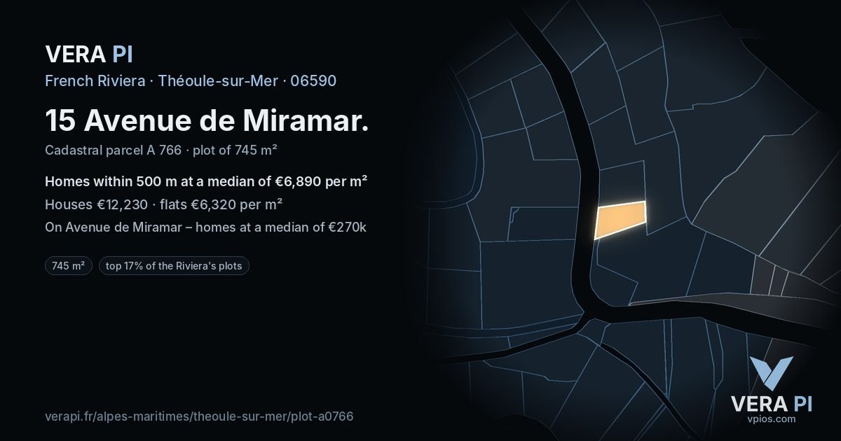 15 Avenue de Miramar, Théoule-sur-Mer at night – the plot lit, the parcels around coloured by the prices near them