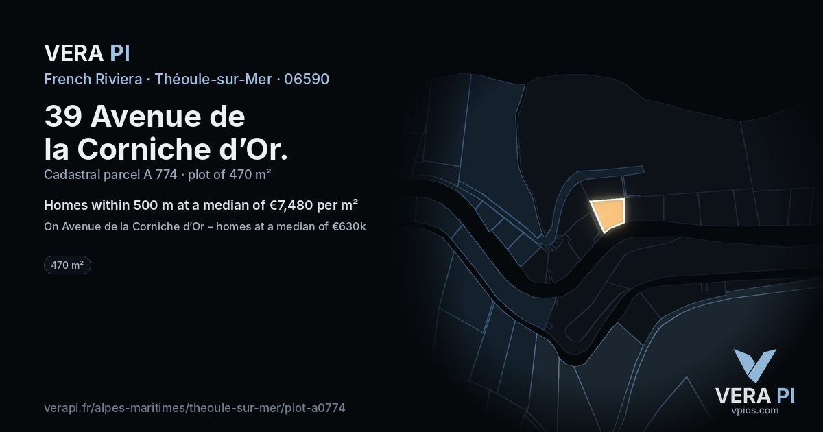 39 Avenue de la Corniche d’Or, Théoule-sur-Mer at night – the plot lit, the parcels around coloured by the prices near them