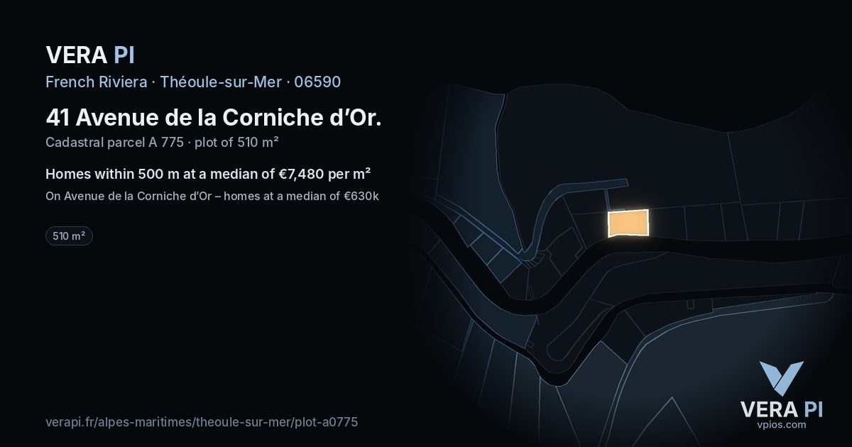 41 Avenue de la Corniche d’Or, Théoule-sur-Mer at night – the plot lit, the parcels around coloured by the prices near them