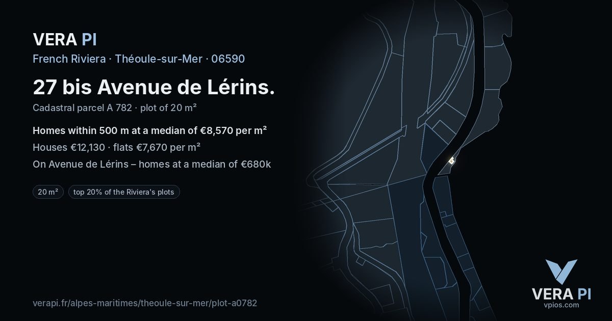 27 bis Avenue de Lérins, Théoule-sur-Mer at night – the plot lit, the parcels around coloured by the prices near them