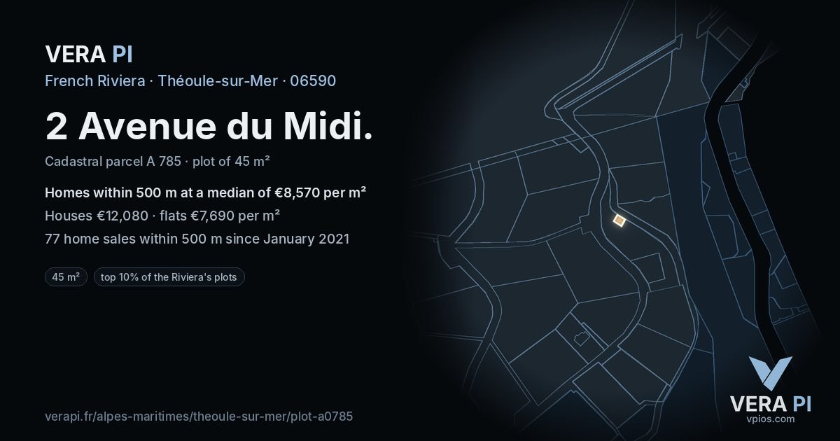 2 Avenue du Midi, Théoule-sur-Mer at night – the plot lit, the parcels around coloured by the prices near them