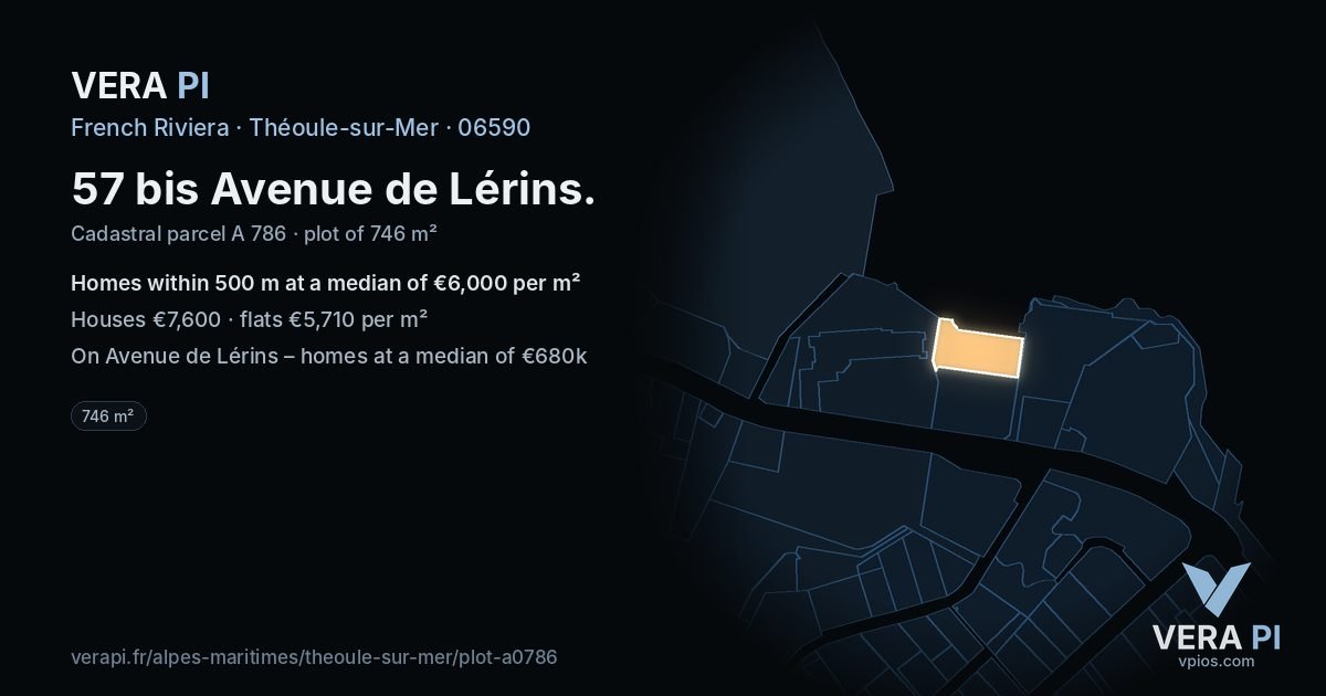 57 bis Avenue de Lérins, Théoule-sur-Mer at night – the plot lit, the parcels around coloured by the prices near them