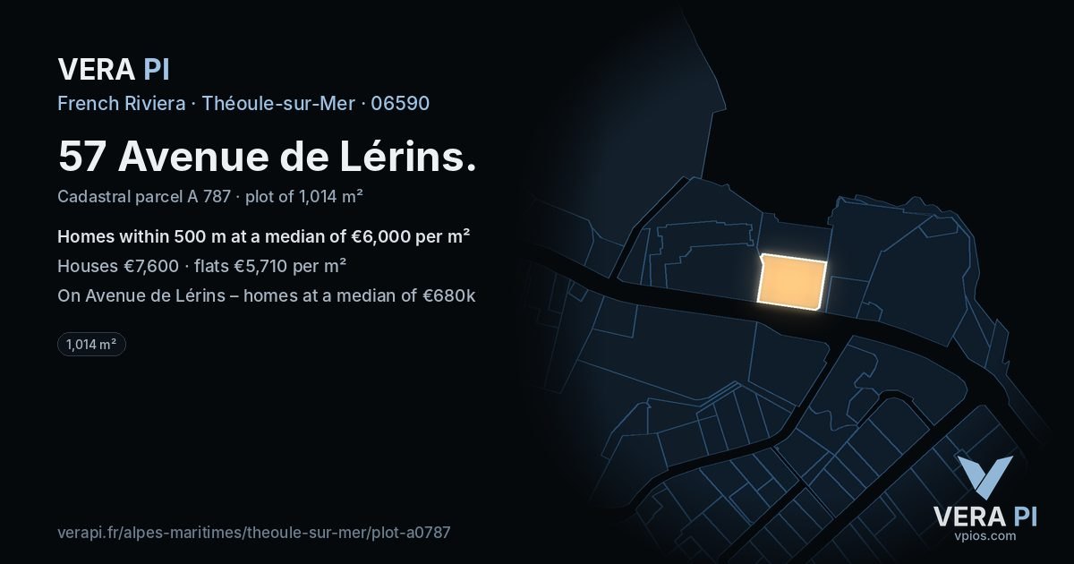 57 Avenue de Lérins, Théoule-sur-Mer at night – the plot lit, the parcels around coloured by the prices near them