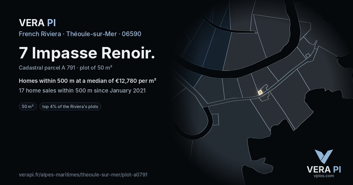 7 Impasse Renoir, Théoule-sur-Mer at night – the plot lit, the parcels around coloured by the prices near them