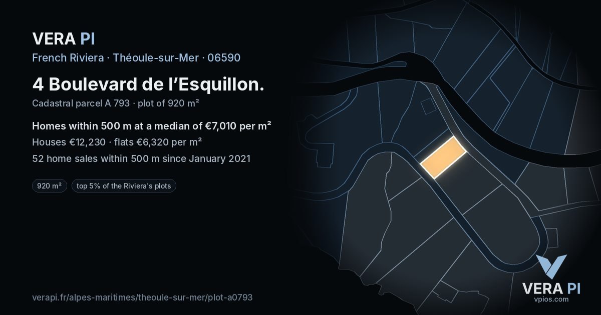 4 Boulevard de l’Esquillon, Théoule-sur-Mer at night – the plot lit, the parcels around coloured by the prices near them