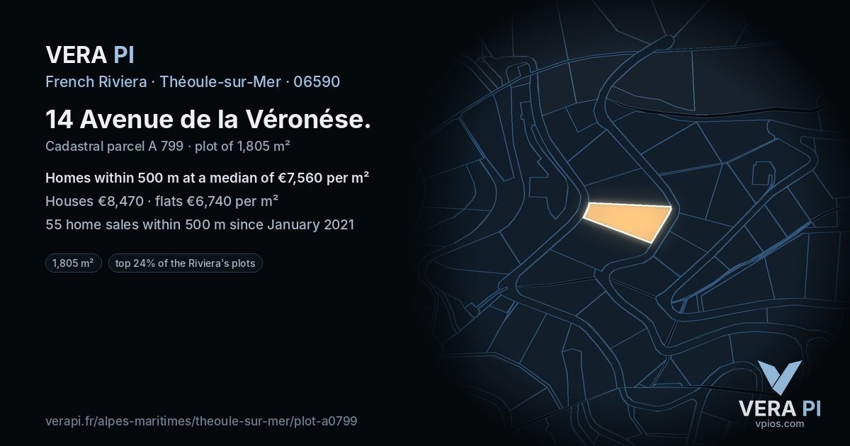 14 Avenue de la Véronése, Théoule-sur-Mer at night – the plot lit, the parcels around coloured by the prices near them