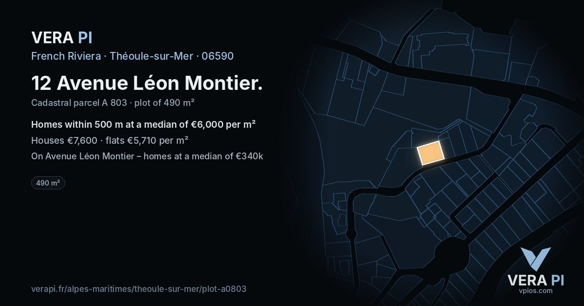12 Avenue Léon Montier, Théoule-sur-Mer at night – the plot lit, the parcels around coloured by the prices near them