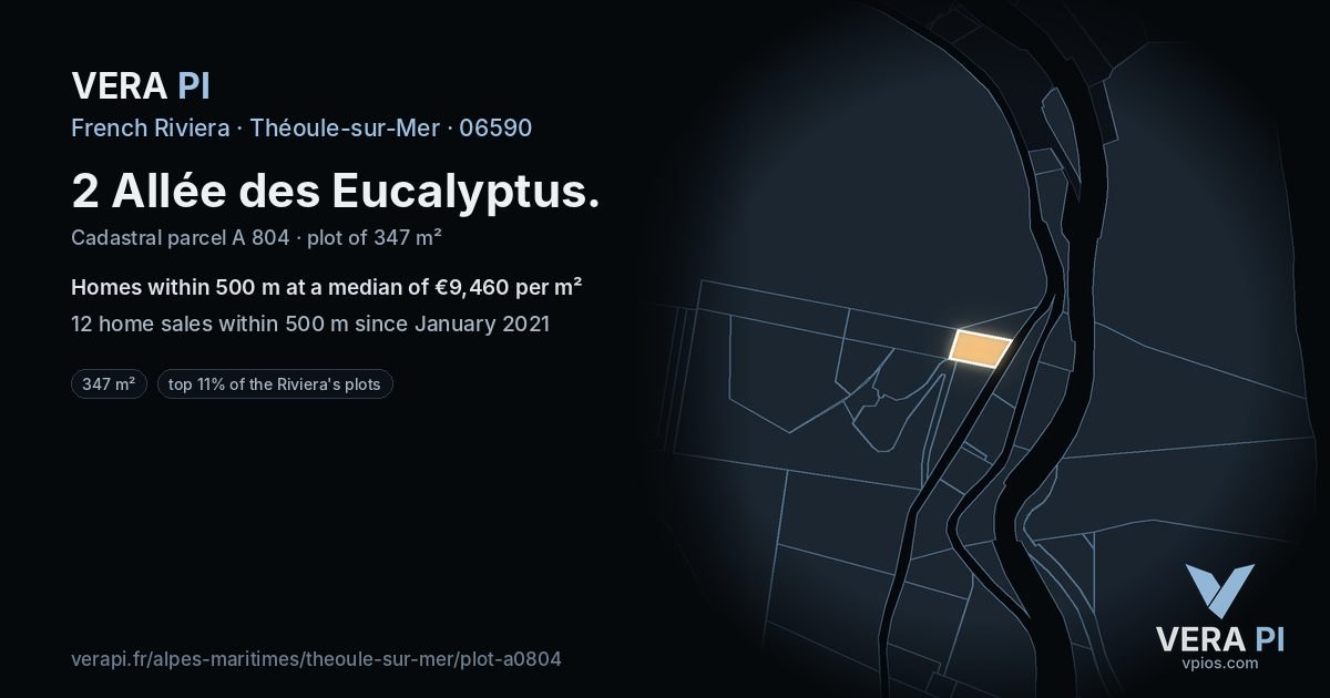 2 Allée des Eucalyptus, Théoule-sur-Mer at night – the plot lit, the parcels around coloured by the prices near them