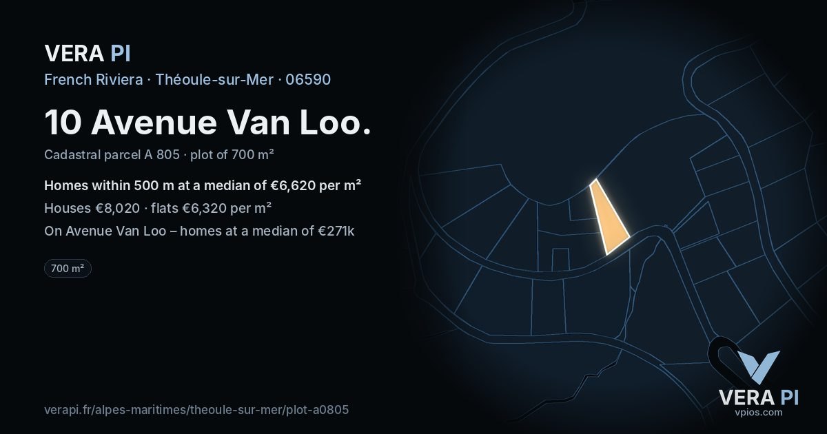 10 Avenue Van Loo, Théoule-sur-Mer at night – the plot lit, the parcels around coloured by the prices near them