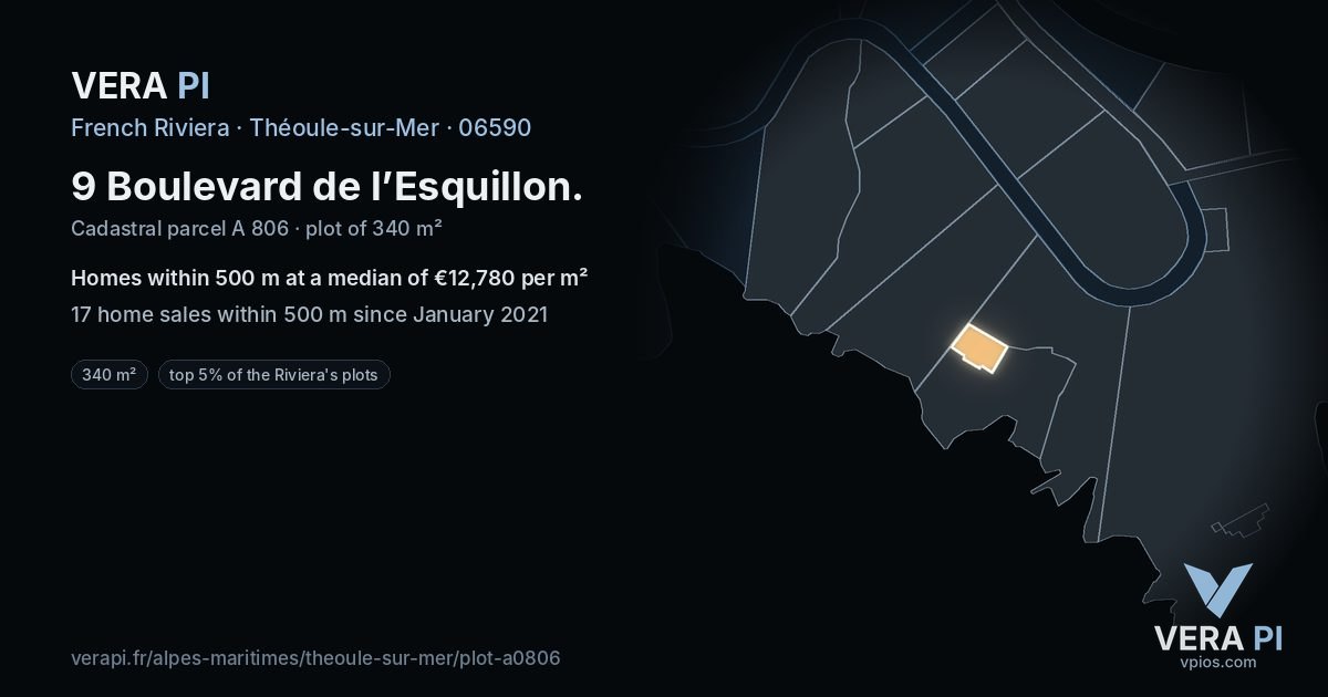 9 Boulevard de l’Esquillon, Théoule-sur-Mer at night – the plot lit, the parcels around coloured by the prices near them