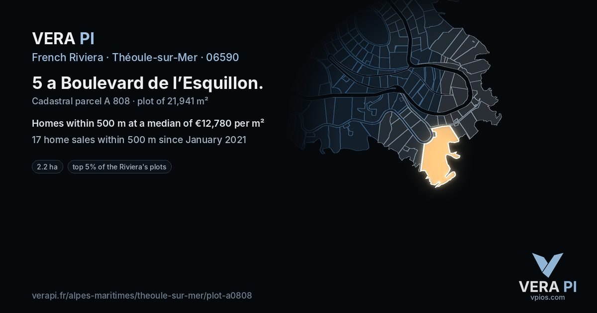 5 a Boulevard de l’Esquillon, Théoule-sur-Mer at night – the plot lit, the parcels around coloured by the prices near them
