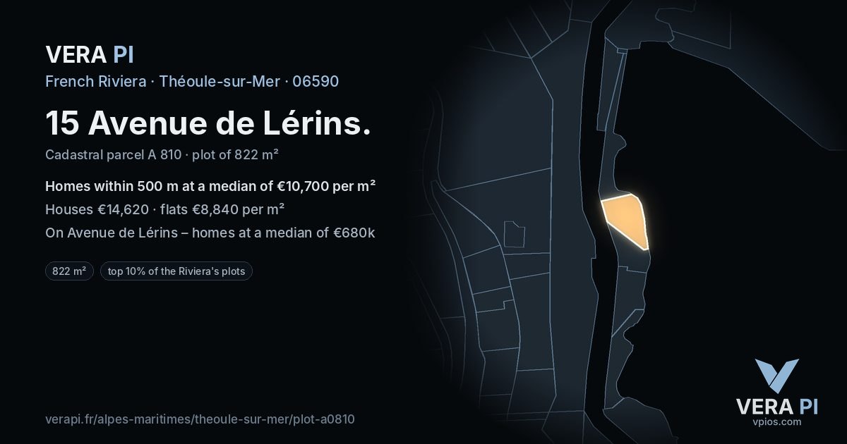 15 Avenue de Lérins, Théoule-sur-Mer at night – the plot lit, the parcels around coloured by the prices near them