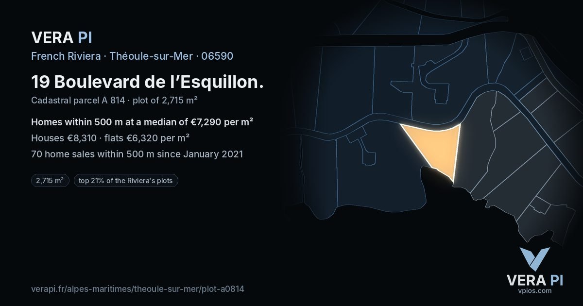 19 Boulevard de l’Esquillon, Théoule-sur-Mer at night – the plot lit, the parcels around coloured by the prices near them