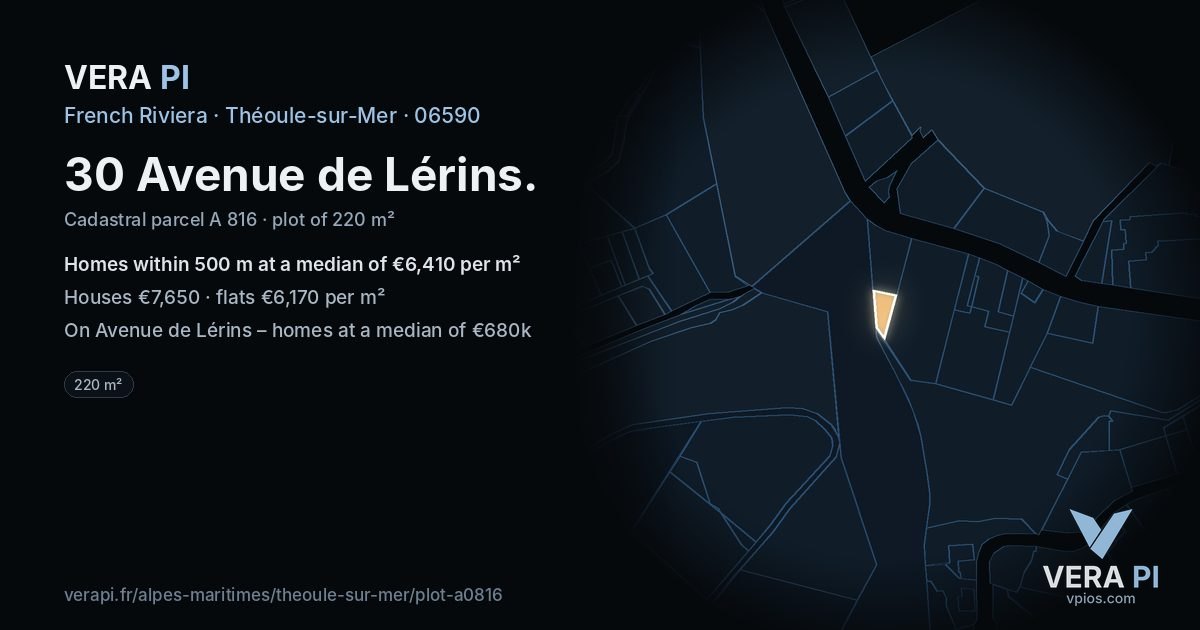 30 Avenue de Lérins, Théoule-sur-Mer at night – the plot lit, the parcels around coloured by the prices near them
