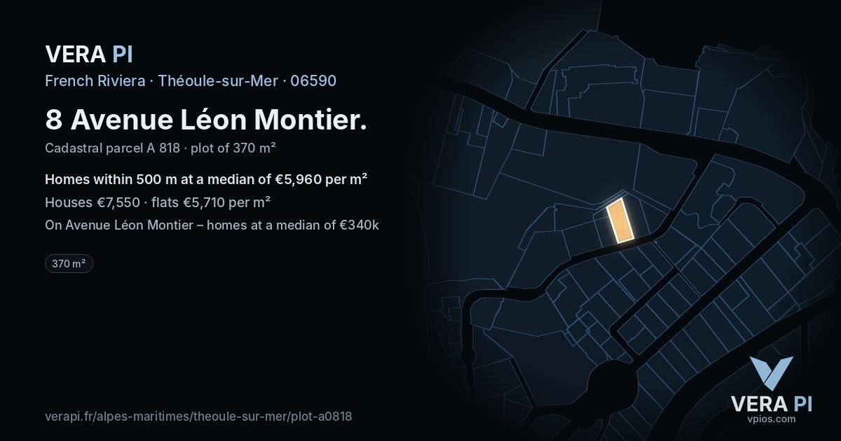8 Avenue Léon Montier, Théoule-sur-Mer at night – the plot lit, the parcels around coloured by the prices near them