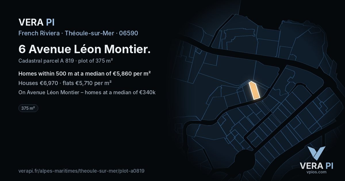 6 Avenue Léon Montier, Théoule-sur-Mer at night – the plot lit, the parcels around coloured by the prices near them