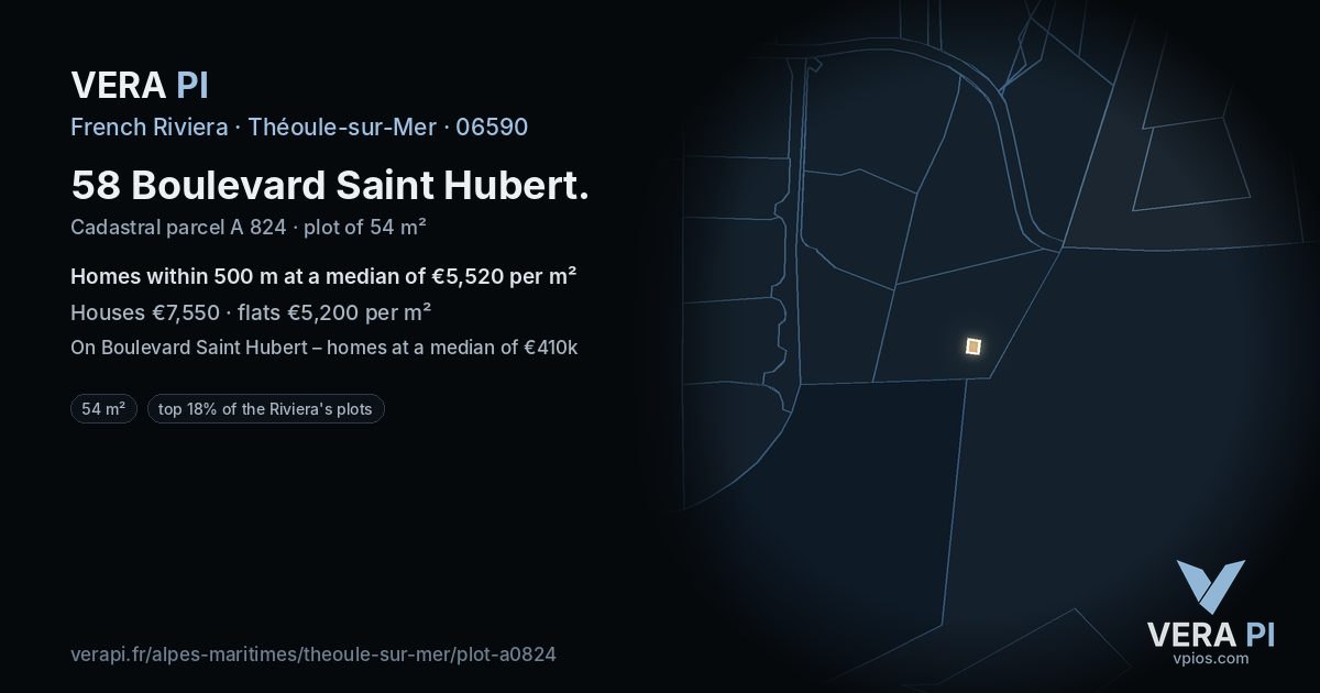 58 Boulevard Saint Hubert, Théoule-sur-Mer at night – the plot lit, the parcels around coloured by the prices near them