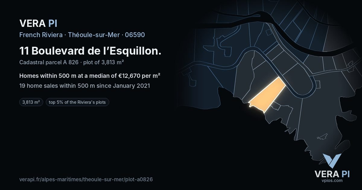11 Boulevard de l’Esquillon, Théoule-sur-Mer at night – the plot lit, the parcels around coloured by the prices near them