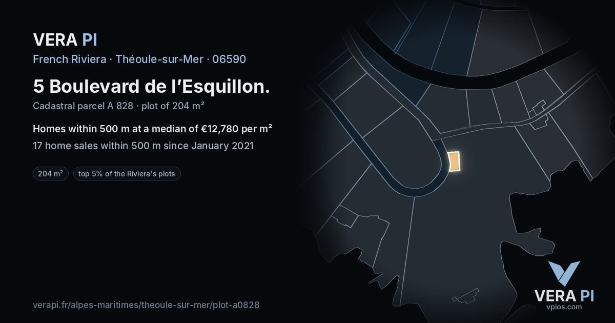 5 Boulevard de l’Esquillon, Théoule-sur-Mer at night – the plot lit, the parcels around coloured by the prices near them
