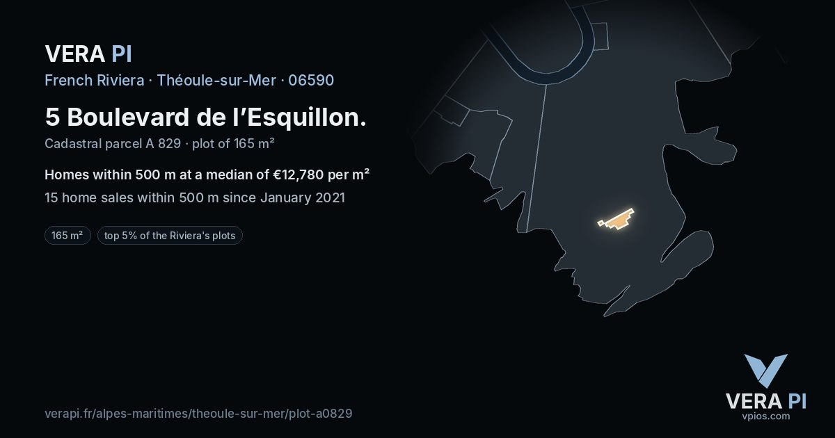 5 Boulevard de l’Esquillon, Théoule-sur-Mer at night – the plot lit, the parcels around coloured by the prices near them