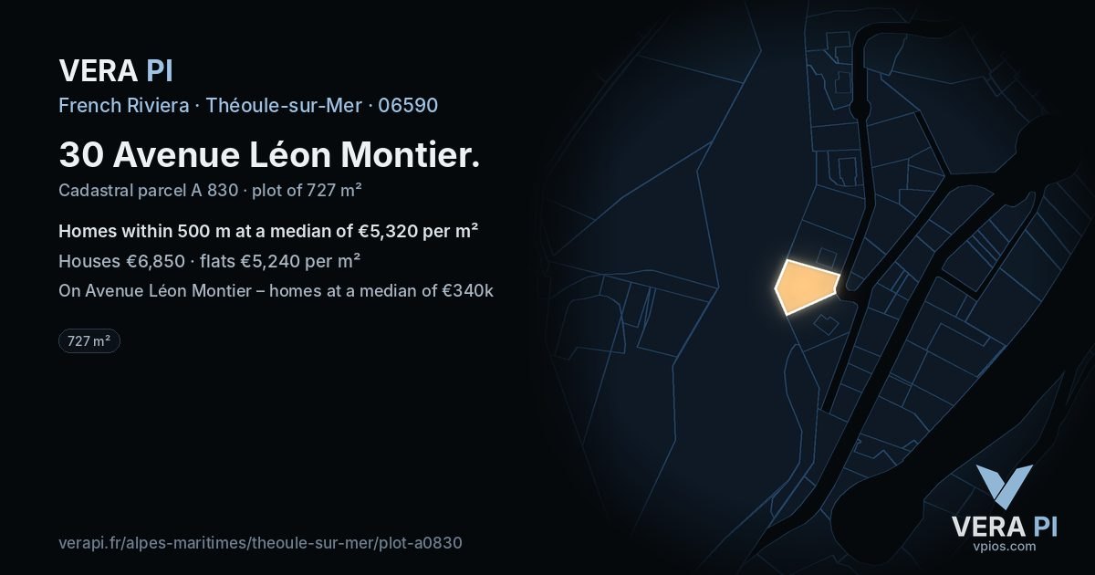 30 Avenue Léon Montier, Théoule-sur-Mer at night – the plot lit, the parcels around coloured by the prices near them