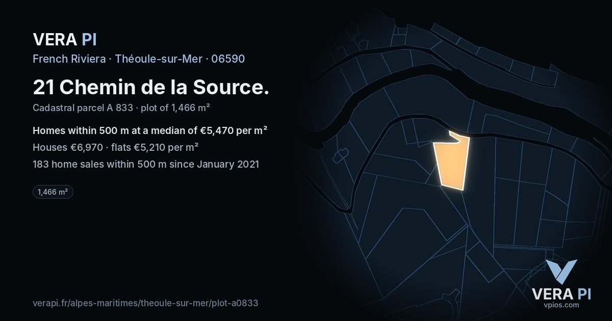 21 Chemin de la Source, Théoule-sur-Mer at night – the plot lit, the parcels around coloured by the prices near them