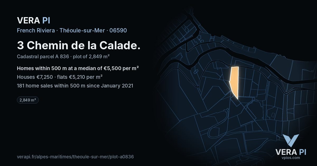 3 Chemin de la Calade, Théoule-sur-Mer at night – the plot lit, the parcels around coloured by the prices near them
