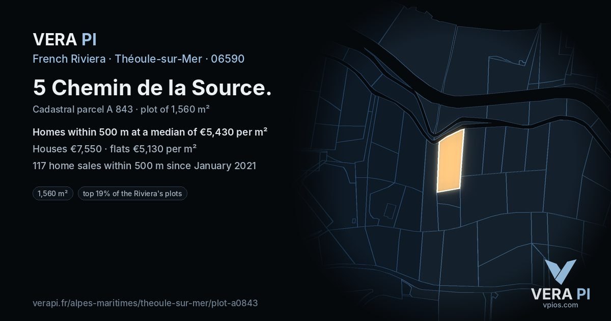 5 Chemin de la Source, Théoule-sur-Mer at night – the plot lit, the parcels around coloured by the prices near them