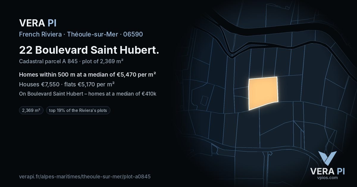 22 Boulevard Saint Hubert, Théoule-sur-Mer at night – the plot lit, the parcels around coloured by the prices near them