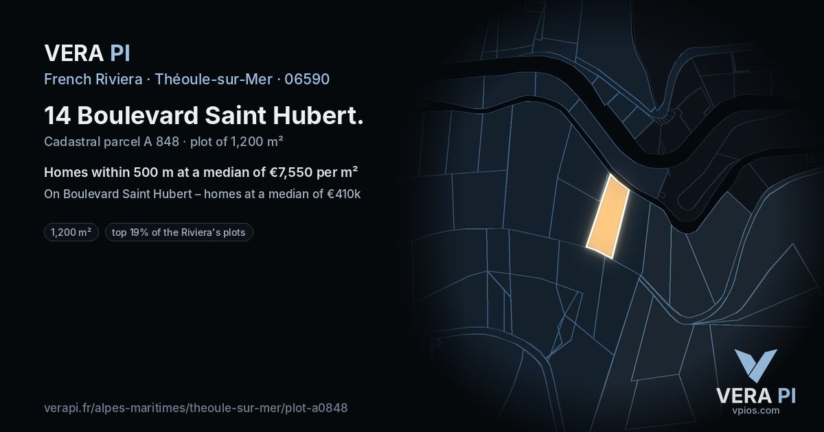 14 Boulevard Saint Hubert, Théoule-sur-Mer at night – the plot lit, the parcels around coloured by the prices near them