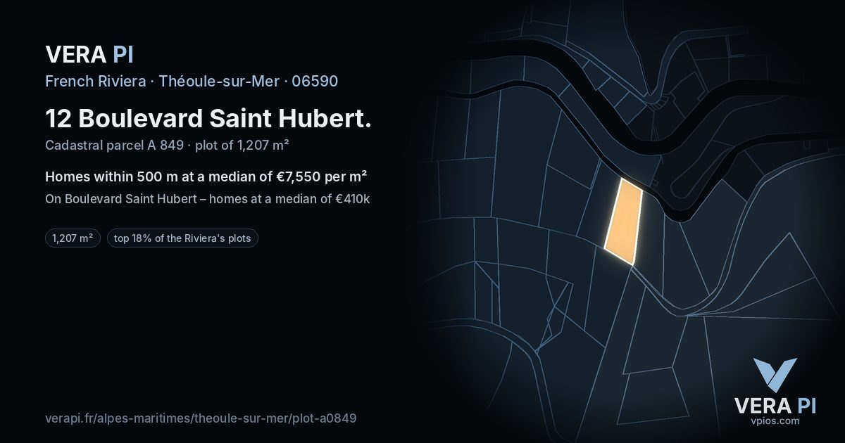 12 Boulevard Saint Hubert, Théoule-sur-Mer at night – the plot lit, the parcels around coloured by the prices near them