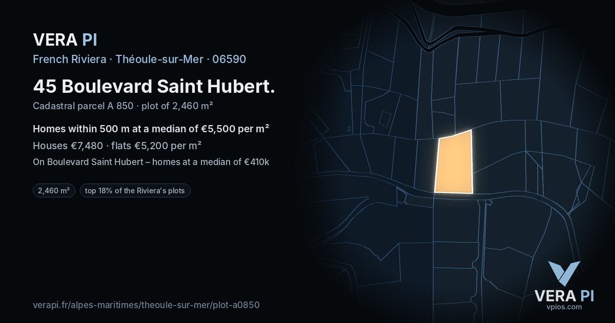 45 Boulevard Saint Hubert, Théoule-sur-Mer at night – the plot lit, the parcels around coloured by the prices near them