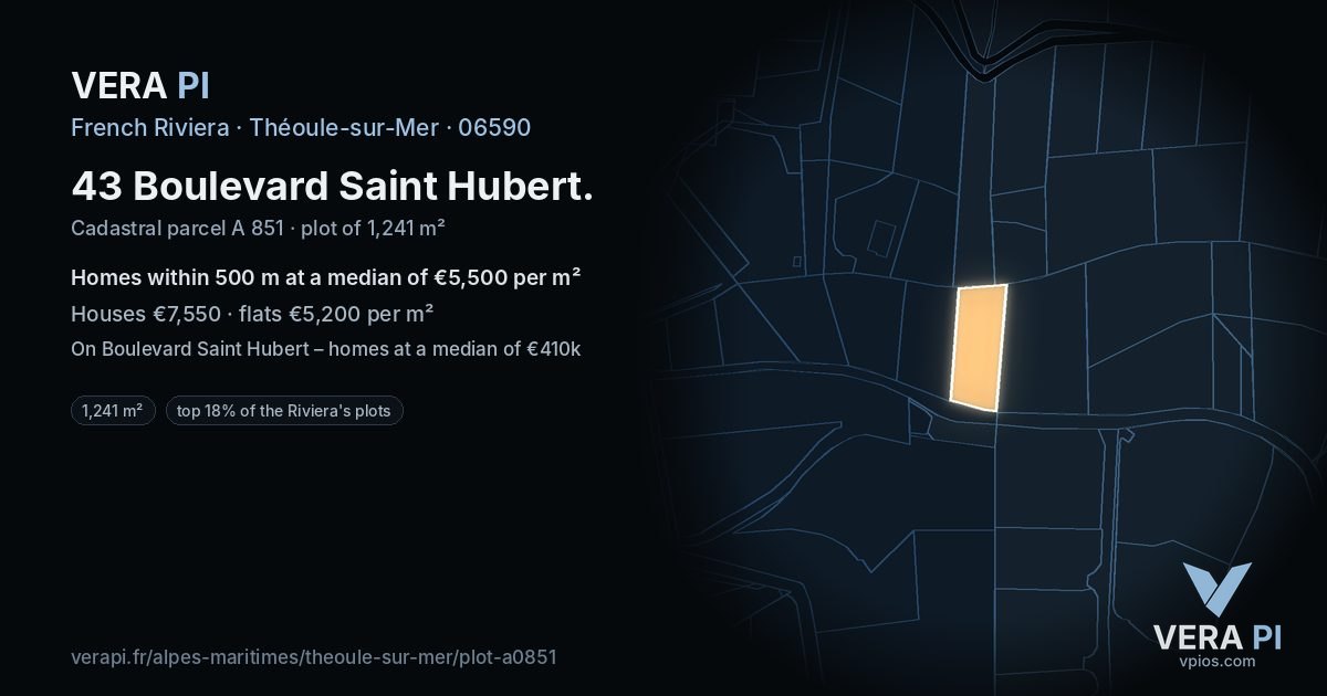 43 Boulevard Saint Hubert, Théoule-sur-Mer at night – the plot lit, the parcels around coloured by the prices near them