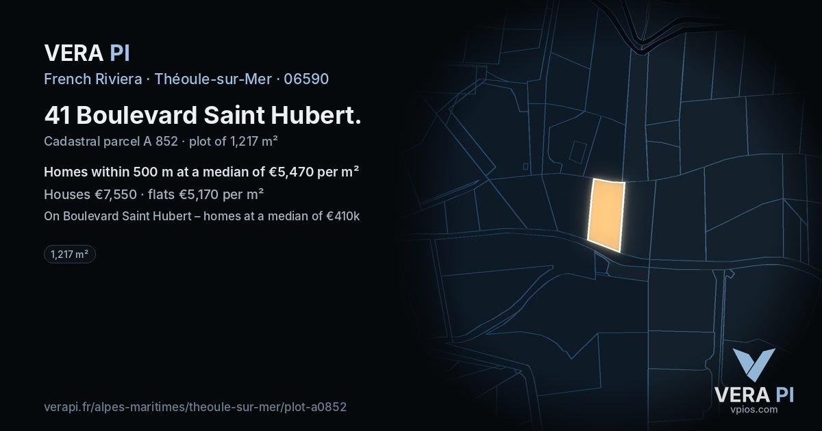 41 Boulevard Saint Hubert, Théoule-sur-Mer at night – the plot lit, the parcels around coloured by the prices near them