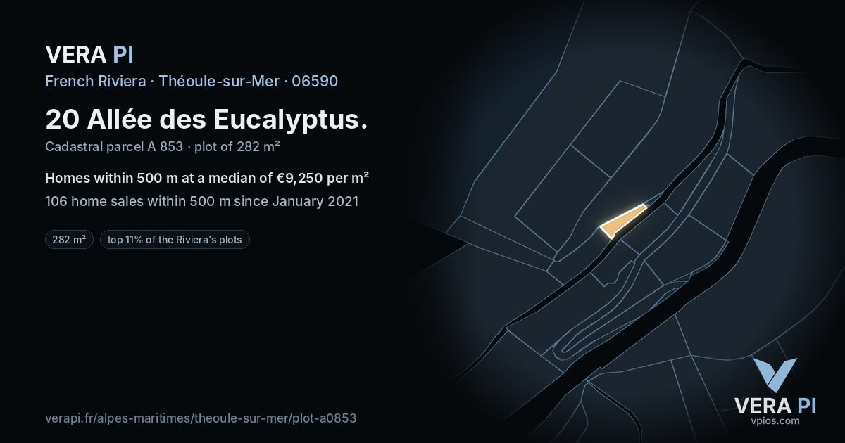 20 Allée des Eucalyptus, Théoule-sur-Mer at night – the plot lit, the parcels around coloured by the prices near them