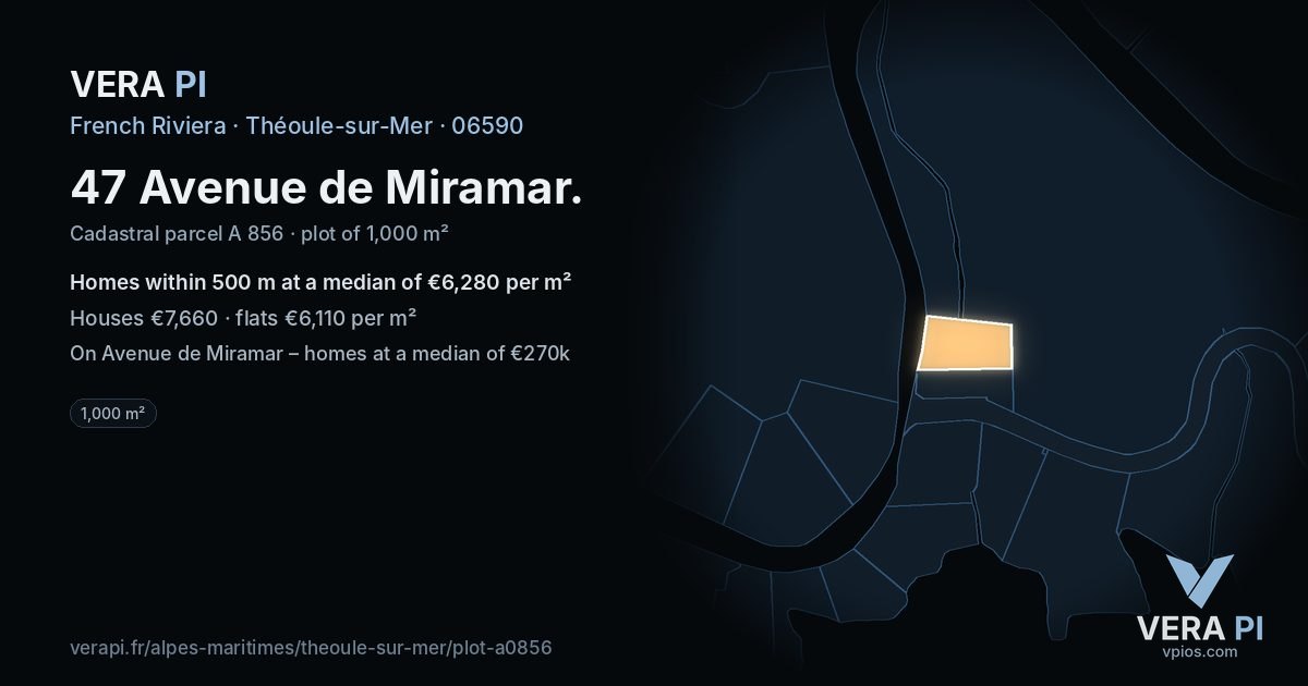 47 Avenue de Miramar, Théoule-sur-Mer at night – the plot lit, the parcels around coloured by the prices near them
