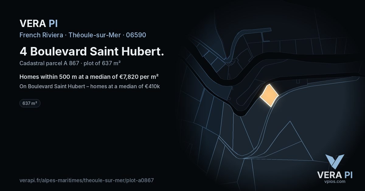 4 Boulevard Saint Hubert, Théoule-sur-Mer at night – the plot lit, the parcels around coloured by the prices near them